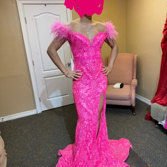 Elegant Pink Feathered Prom Dress